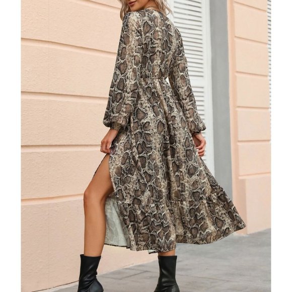 Snakeskin Print Split Thigh Ruffle Hem Dress - Picture 2 of 7